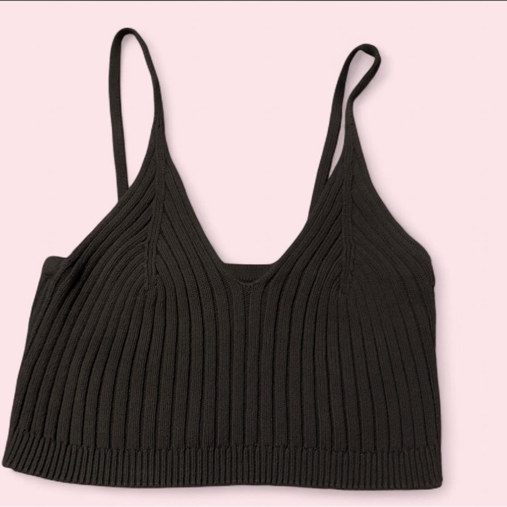 Free People Green Charcoal Ribbed Knit Top